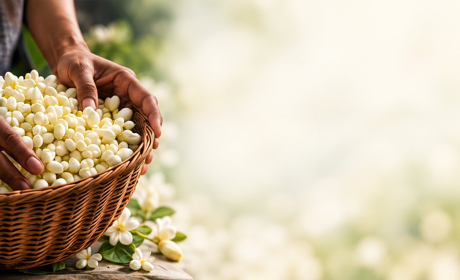 Hands lifting a basket of freshly picked jasmine buds