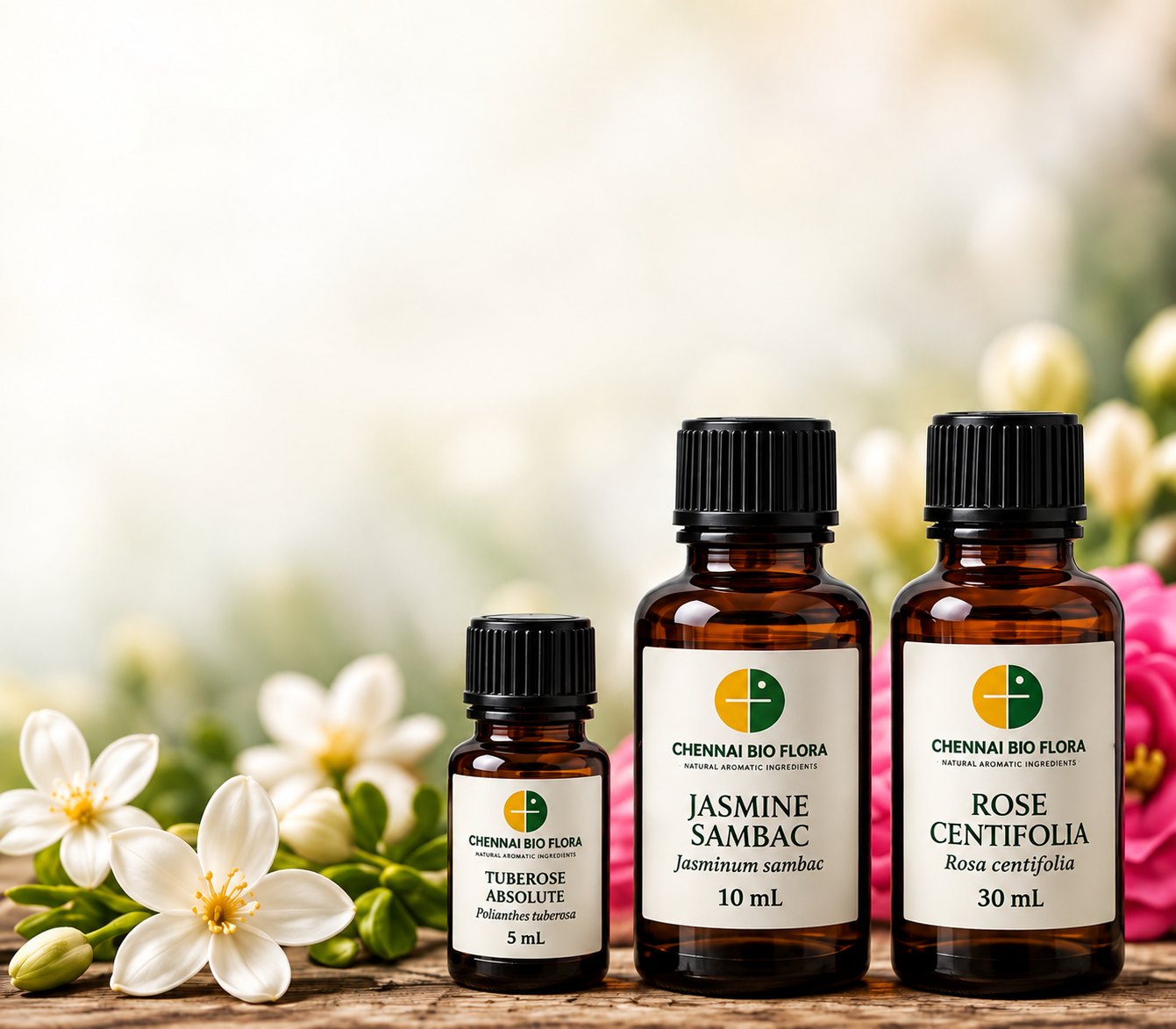 Chennai Bioflora Tuberose, Jasmine Sambac and Rose Centifolia absolutes in 5, 10 and 30 mL bottles