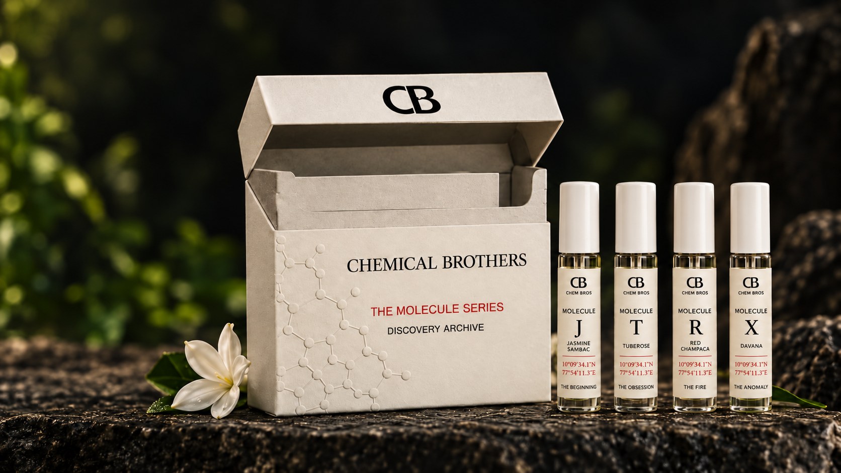 The Discovery Archive coffret with its four extrait vials — Molecule J, T, R and X
