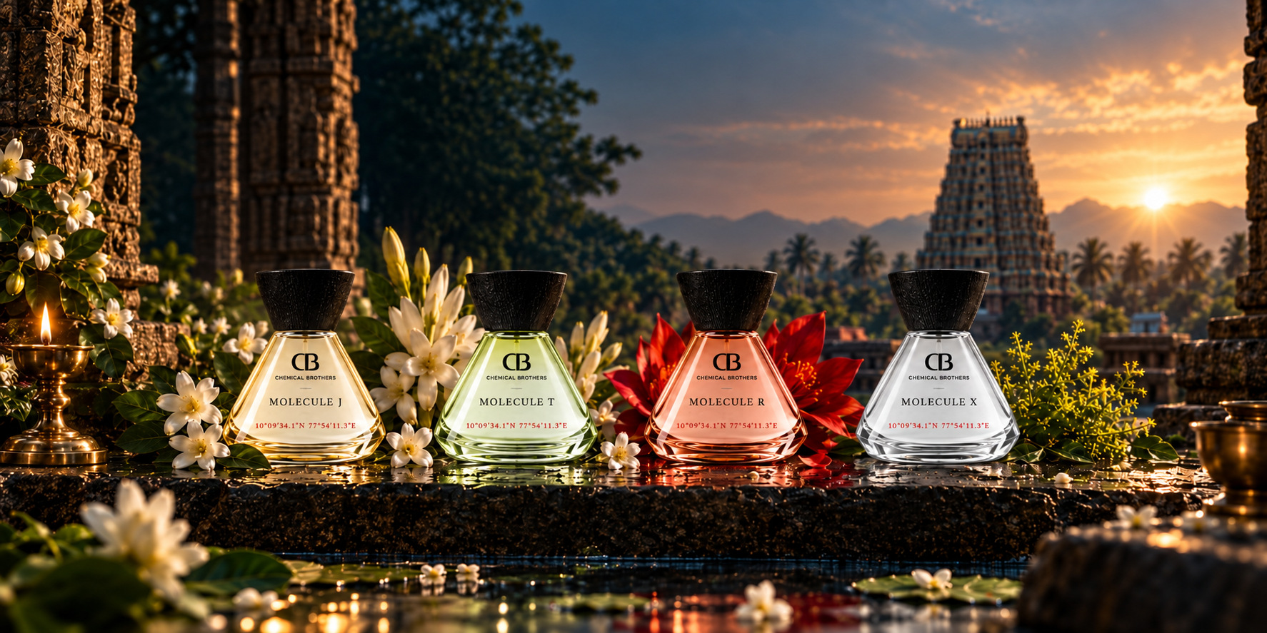The Molecule Series — Molecule J, T, R and X photographed at a Madurai temple tank at sunrise
