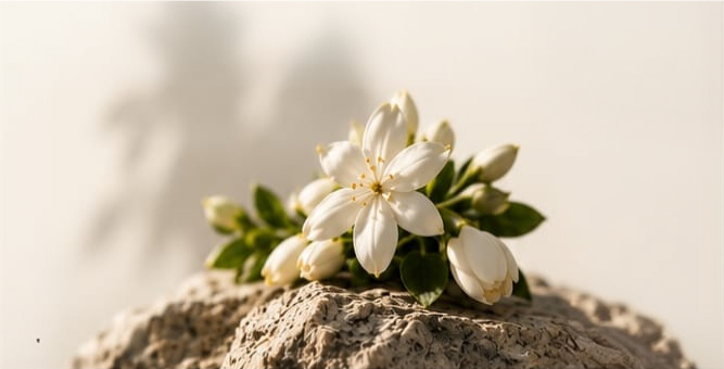 Jasmine sambac blossoms on temple stone