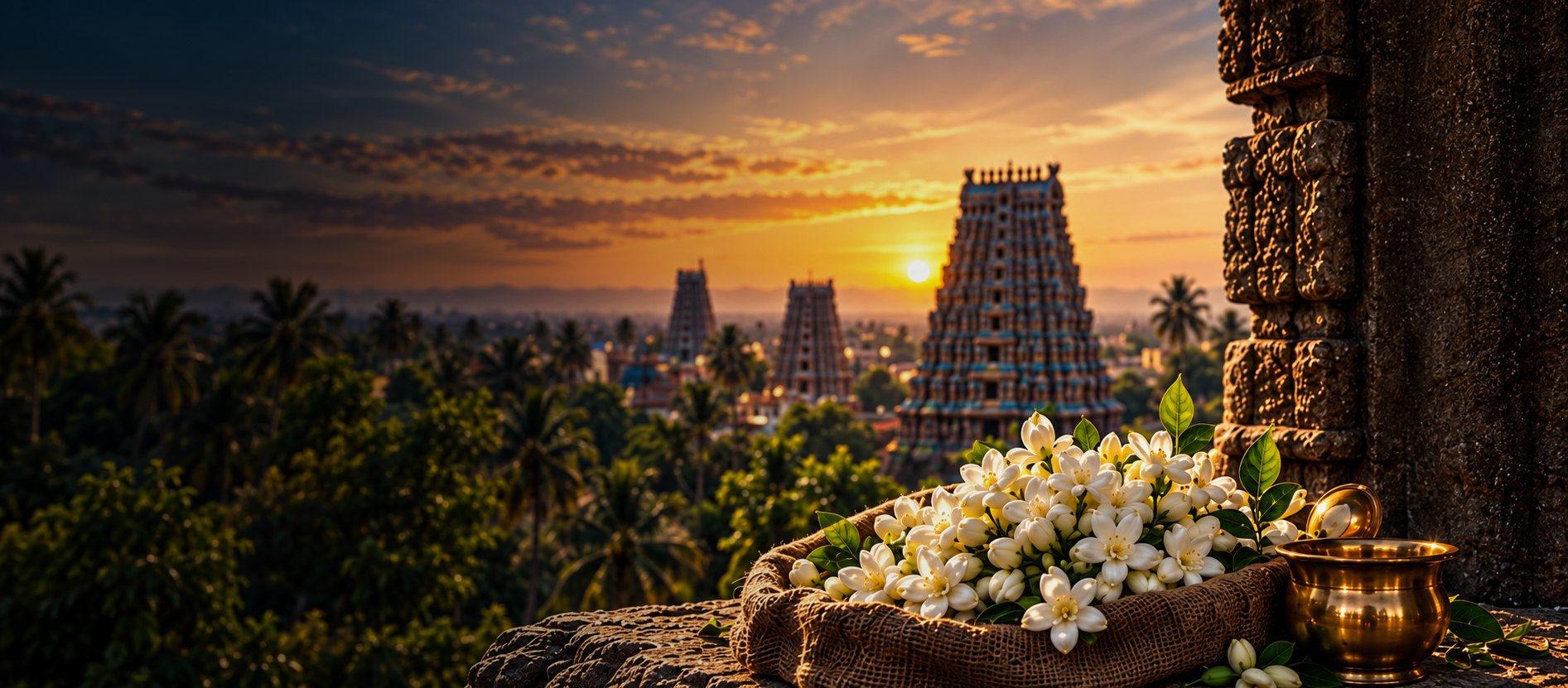 Madurai at sunset — temple gopurams above a basket of freshly picked jasmine